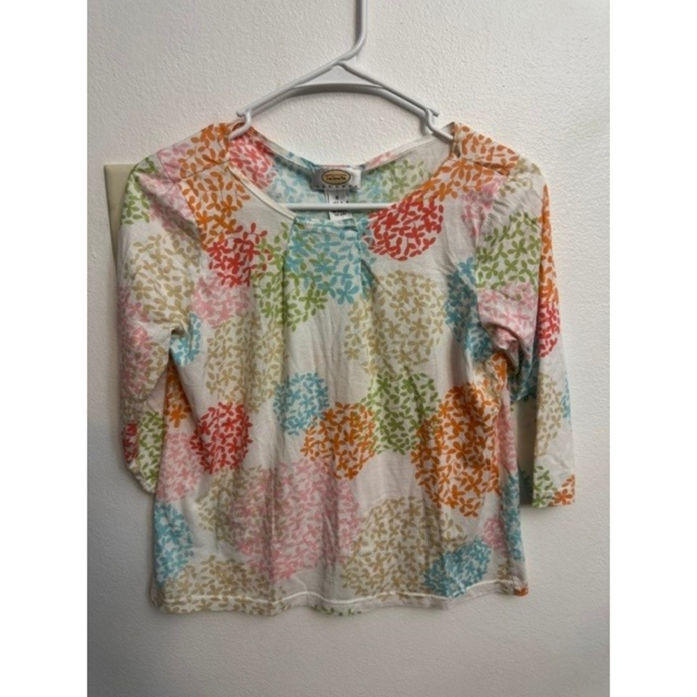 Talbots Petites Women Small Floral Circle Print 3/4 Sleeve Square Neck (G)